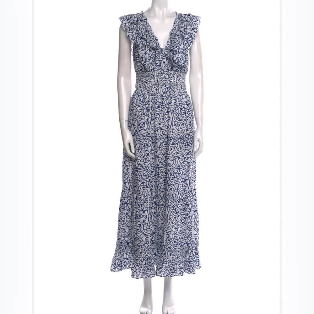 Caroline Constas Ruffle White Blue Patterned Maxi Dress size Small S NWOT